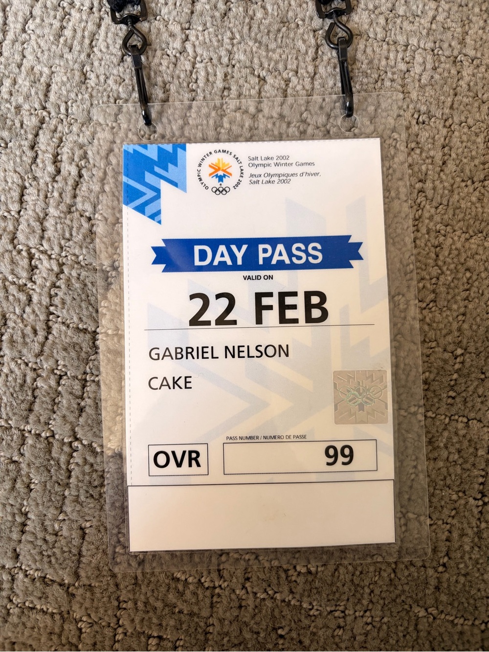 Salt Lake 2002 Day Pass Badge. CAKE, Gabriel Nelson. Rare, gifted by CAKE.